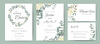 Eucalyptus with rose wedding invitation card. Circle ring bouquet of white roses. Template card set.