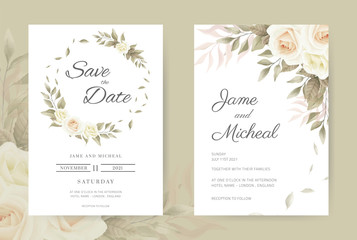 Wedding invitation card Vintage white roses. Set card template.