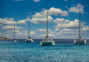 Wall Mural - White yachts and sailboats moored off the coast of Bonaire