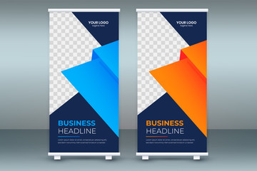 Modern Exhibition standee roll up banner design, poster advertising brochure cover concept, creative x-banner presentation template, flat flag-banner vector blue red orange layout