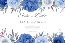 Wedding Invitation Card. Save The Date. Flowers, Blue Roses And Blue Peony.