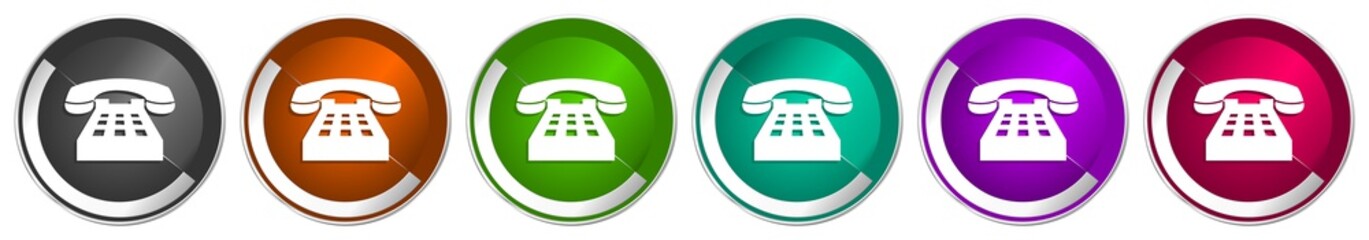 Leinwandbilder - Phone icon set, silver metallic chrome border vector web buttons in 6 colors options for webdesign