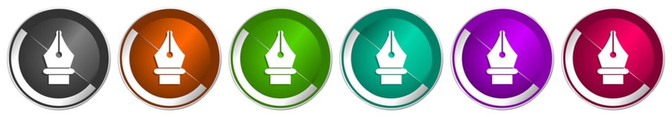 Aufkleber - Pen icon set, silver metallic chrome border vector web buttons in 6 colors options for webdesign