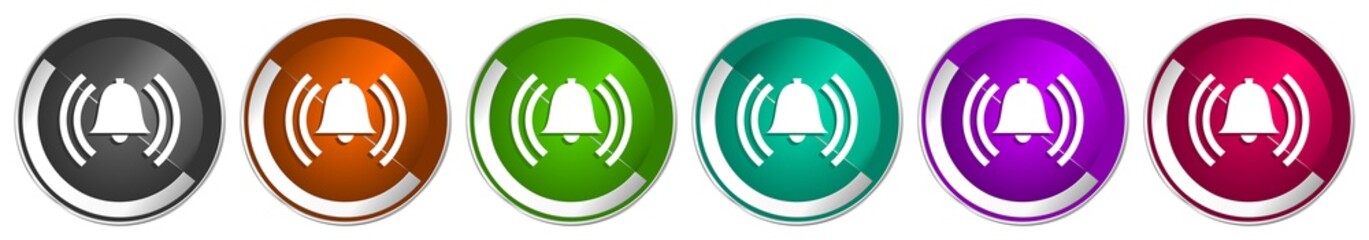 Leinwandbilder - Alarm icon set, silver metallic chrome border vector web buttons in 6 colors options for webdesign