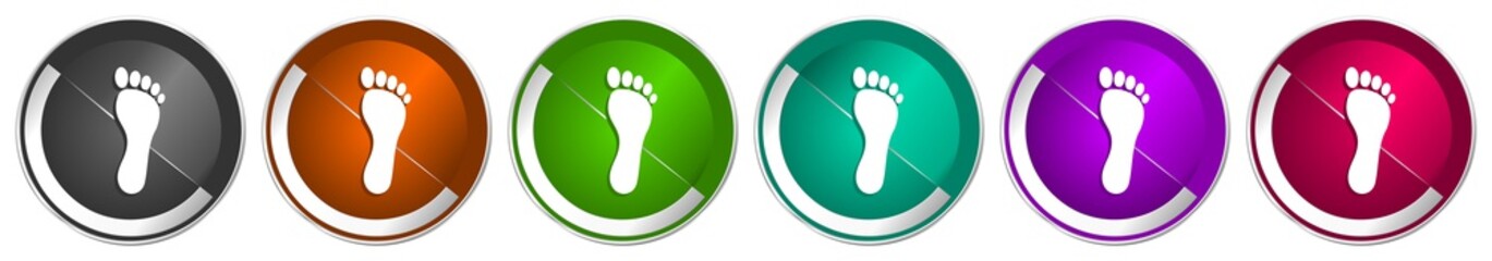 Poster - Foot icon set, silver metallic chrome border vector web buttons in 6 colors options for webdesign