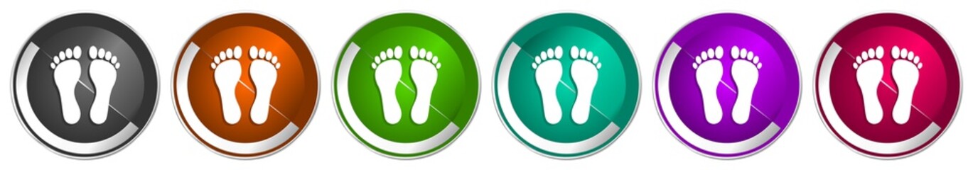 Poster - Foot icon set, silver metallic chrome border vector web buttons in 6 colors options for webdesign