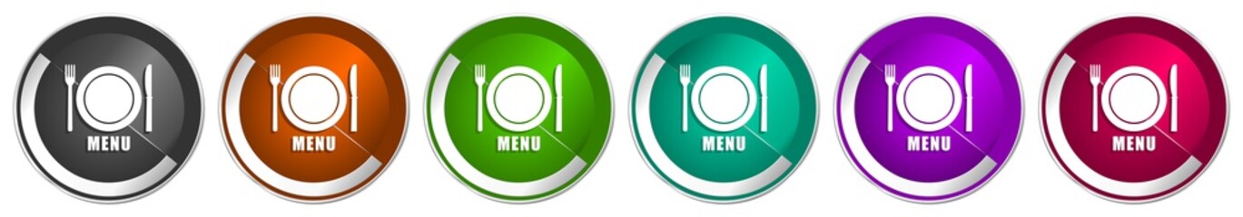 Fototapete - Menu icon set, silver metallic chrome border vector web buttons in 6 colors options for webdesign