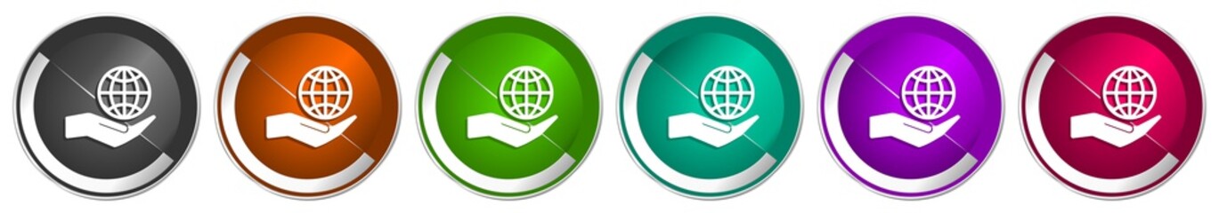 Aufkleber - Hand care planet environment icon set, silver metallic chrome border vector web buttons in 6 colors options for webdesign