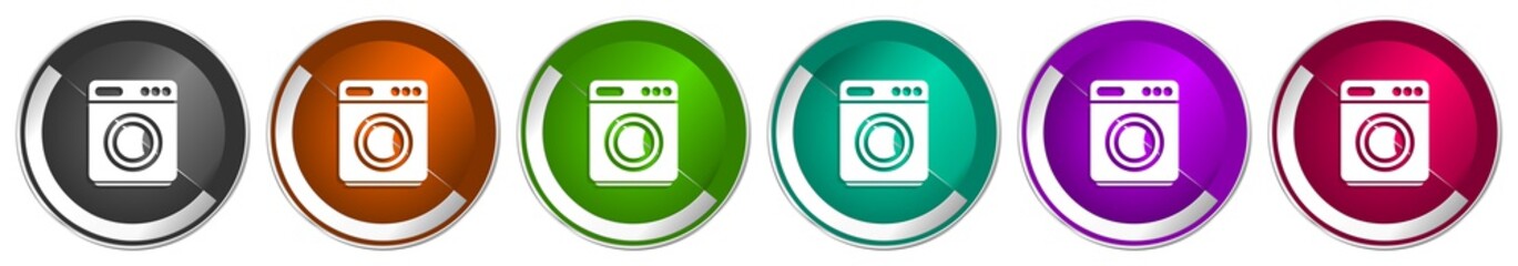 Aufkleber - Laundry, machine, washer, icon set, silver metallic chrome border vector web buttons in 6 colors options for webdesign