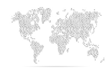  Binary digital code map world. Connect network. World wide web. Earth globe. Worldmap global. Worldwide continents isolated on white background. Internet planet. Continent designs. Numbers 1,0. Vector
