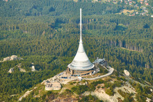 Close Up Aerial View Of Jested Tower Transmitter Near Liberec In Czechia.
