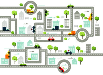 Baby City map with roads, transport, trees and houses. Flat vector illustration. 