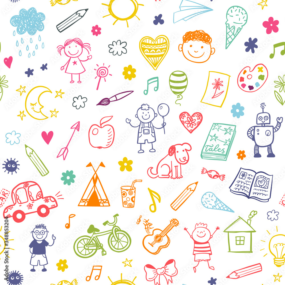 Seamless pattern with doodle children drawing. Stock Vector | Adobe Stock