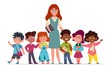 © YummyBuum - Teacher with children. Happy multiethnic girls and boys schoolchildren and woman pedagogue cartoon vector education concept