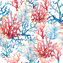 Watercolor Coral Seamless Pattern. Hand Drawn Wallpaper Design With Various Underwater Branches On White Background.