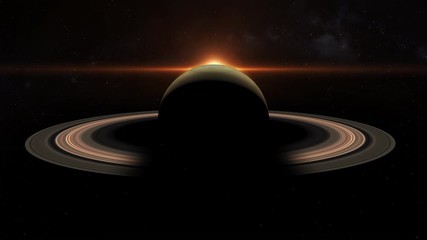 Wall Mural - slowly orbiting around the gas giant saturn with the rings gradually catching the light from the bri