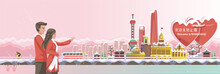 Shanghais Travel Landmarks Of China. Panoramic Landscape Winter Scenes Of Buildings, Locations. Couple Honeymoon Vacation Concept. China Travel Poster And Postcard. Translation; Welcome To Shanghai.