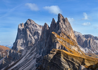 Wall Mural - Picturesque autumn Alps mountain scene, famous italian Dolomites Seceda majestic rock, Sass Rigais, Sudtirol, Italy. Beautiful traveling, seasonal and nature beauty concept scene.