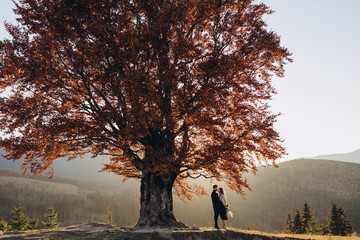 Wall Mural - Stylish young couple in the autumn mountains. A guy and a girl stand together under a big old tree against the background of a forest and mountain peaks at sunset. The girl has a bouquet in her hands