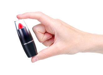 Sticker - Red lipstick beauty in hand on white background isolation