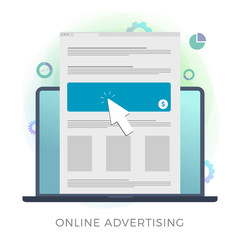 Wall Mural - online advertising flat vector icon concept. a laptop screen with internet web page and large banner