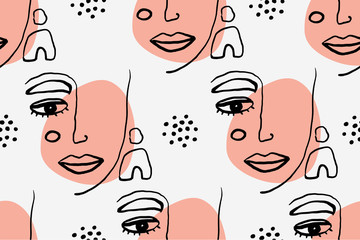 Seamless abstract pattern with face. Modern line art vector background