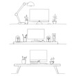 © zolotons - vector, isolated, drawing a continuous line a table with a computer, set
