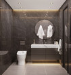3d interior of a dark grey marble bathroom with a toilet
