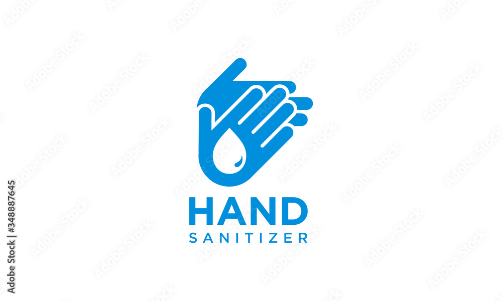Hand sanitizer label with water drop, shield and hand design vector editable. Protection campaign or measure from coronavirus or COVID 19 protection logo. - obrazy, fototapety, plakaty 