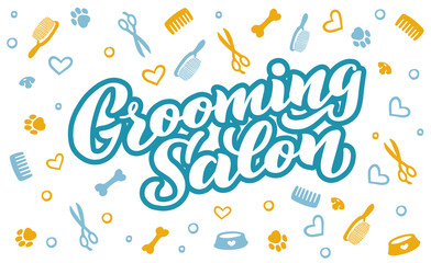 Grooming salon lettering for your business. Logo for dog hair salon, dog styling and grooming shop, store for pets. Hand draw illustration RGB