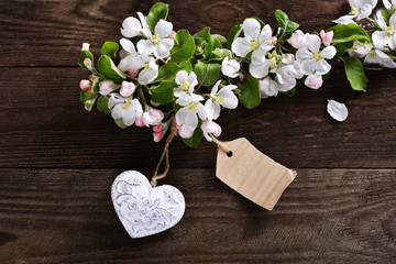 Wall Mural - spring background with apple blossom branch  and a heart with paper tag