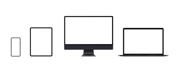 Wall Mural - realistic computer mockup set with desktop, laptop, tablet and smartphone. black electronic device s