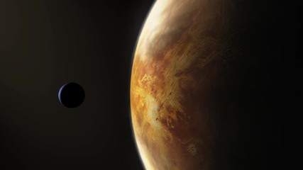 Wall Mural - planet venus in a slow spin with the atmosphere of the surface being highlighted from the sun as sat