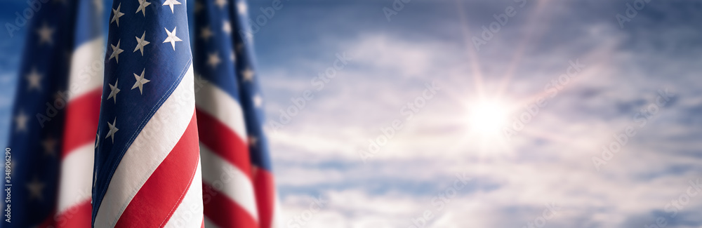American National Holiday. US Flags with American stars, stripes and national colors. President's Day. 4th July. Veterans Day. Memorial Day. - obrazy, fototapety, plakaty 