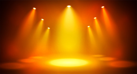 large scale spotlights with smoke and scene. warm yellow and orange background vector for your desig