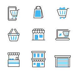 Canvas Print - Set of store icons in blue and black design isolated on white background 