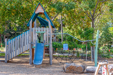 An inner city playground is flagged and signposted  as closed during the covid-19 pandemic in Melbourne Australia