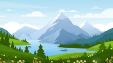 Cartoon Flat Panorama Of Spring Summer Beautiful Nature, Green Grasslands Meadow With Flowers, Forest, Scenic Blue Lake, Mountains On Horizon Background, Mountain Lake Landscape Vector Illustration