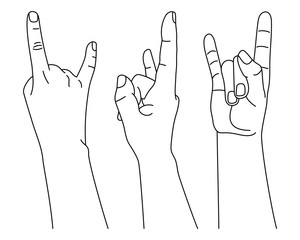 Wall Mural - set of hand position with rock gesture in different views. vector illustration in outline style isol