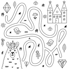 Wall Mural - Help the king llama get to his castle. Black and white maze game for kids