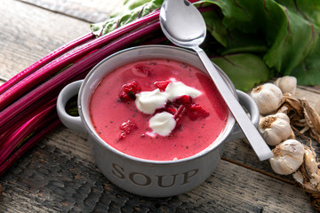 Wall Mural - Tasty homemade beetroot soup close up