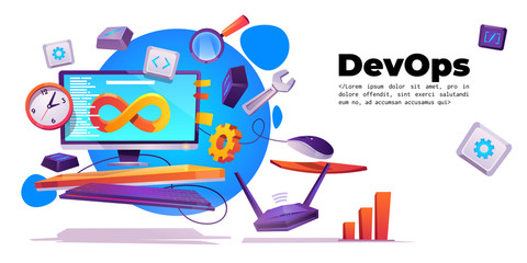 DevOps banner. Concept of development operations. Vector landing page of project integration with cartoon illustration of computer screen with lifecycle infinity sign, clock and router