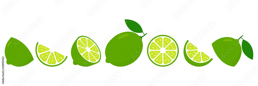 Lime fresh slices set. Cut limes fruit slice for lemonade juice or ...