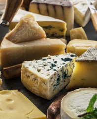Wall Mural - Cheese platter with organic cheeses on stone background. Tasty cheese starter.