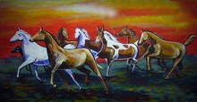 This Oil Painting Of Eight Horses Ran Through The Grassy Field With A Bright Evening Sky.
