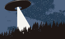 Vector Banner On The Theme Of Alien Invasion. Realistic Illustration Of An UFO Flying Over The Forest. Earth Landscape And A Flying Saucer With Bright Ray In The Night Sky
