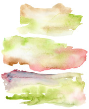 Watercolor Texture With Violet, Pink And Green Spots. Hand Painted Beautiful Illustration With Spots Isolated On A White Background. For Design, Printing, Fabric Or Background.