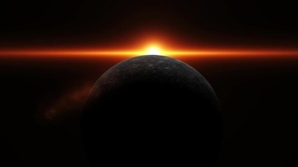 Wall Mural - terrestrial planet mercury slowly turning in space as the sun appears over the horizon lighting the 