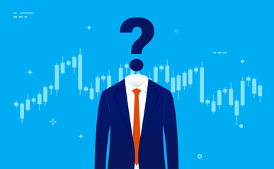 stock market trader - man in suit with head replaced by question mark in front of chart. impossible 