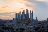 Fototapeta Miasto - Incredible evening panoramic view of the center of Moscow . 
Moscow city towers
Incredible sunset over Moscow.
